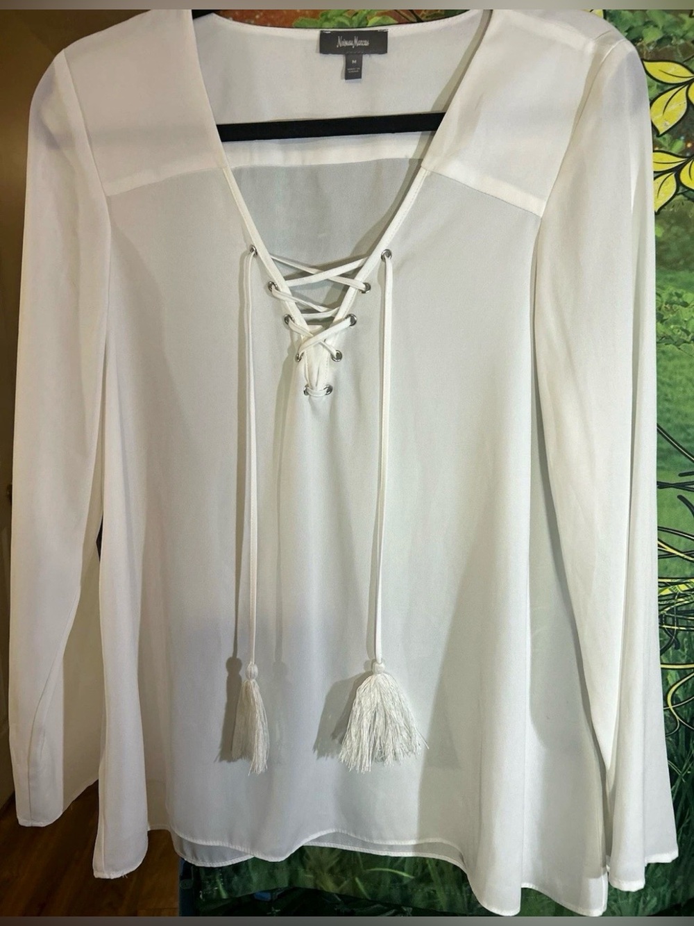 Neiman Marcus White Lace-Up w Tassels, Long Sleeve Chiffon Blouse